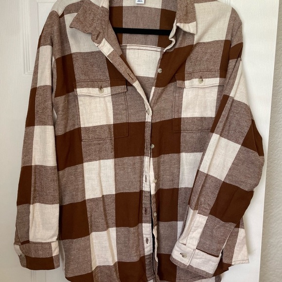 Old Navy Tan and Cream Plaid Shirt - Picture 1 of 4